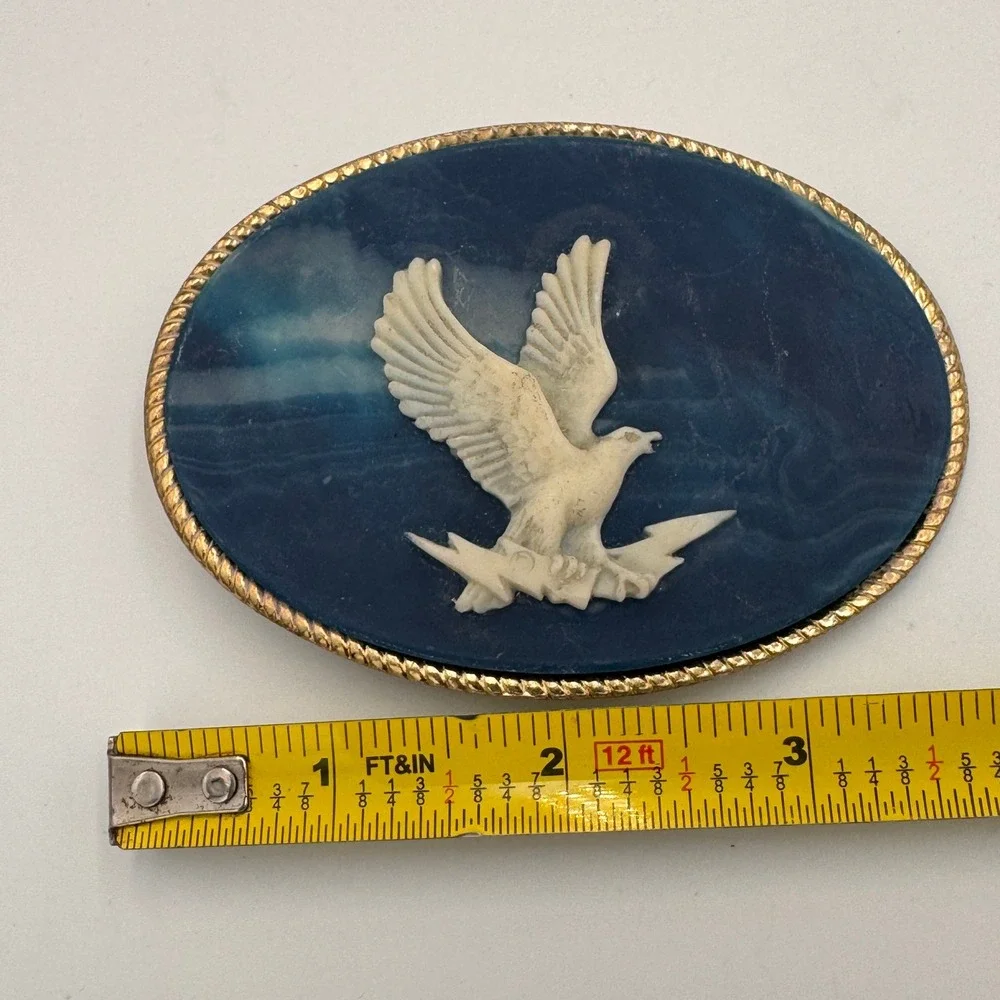 Incolay‎ Stone Eagle Belt Buckle Blue White Marbled Handcrafted USA Vintage Oval